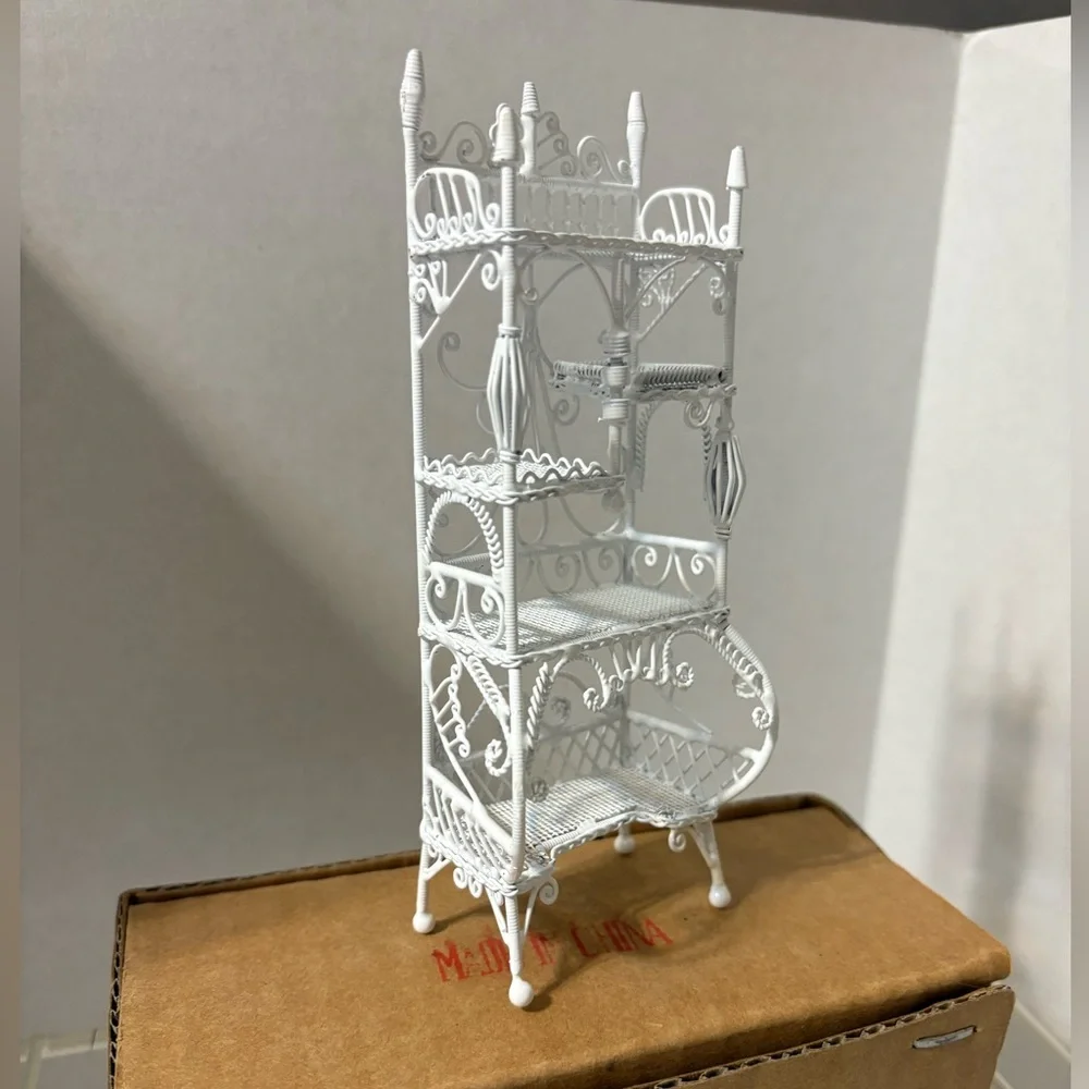 miniature‎ white metal Victorian-style wicker etagere display shelf Wrought Iron